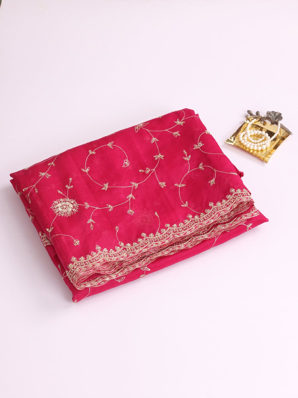 Reddish Pink Organza Silk Saree with Embroidery