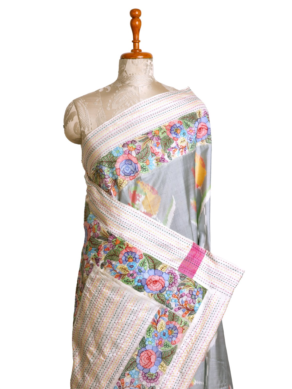 Light Grey Patola Silk Saree with Shadow Embroidered Border