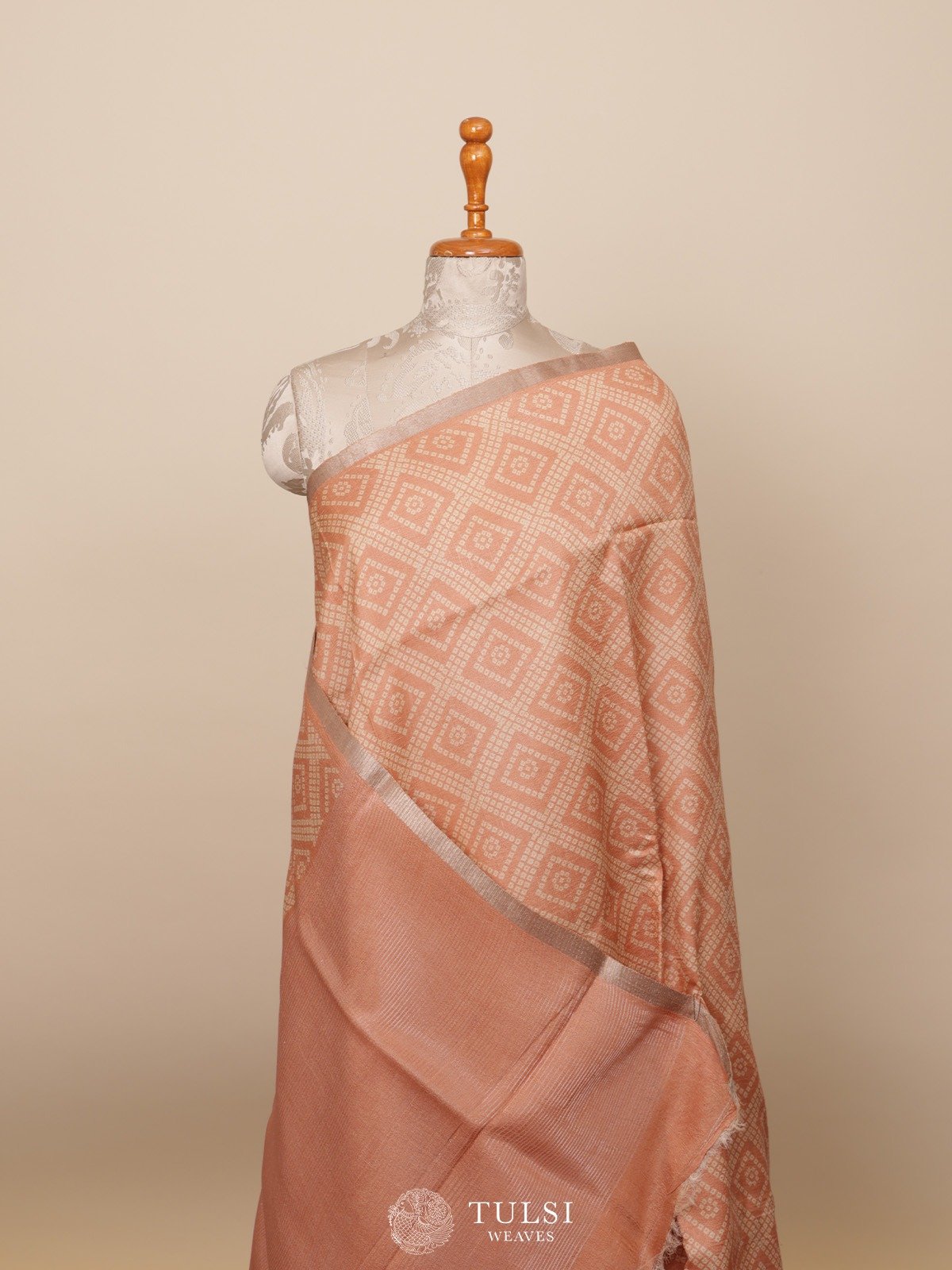 Pink-Orange Tussar Silk Saree with Bandhini Print