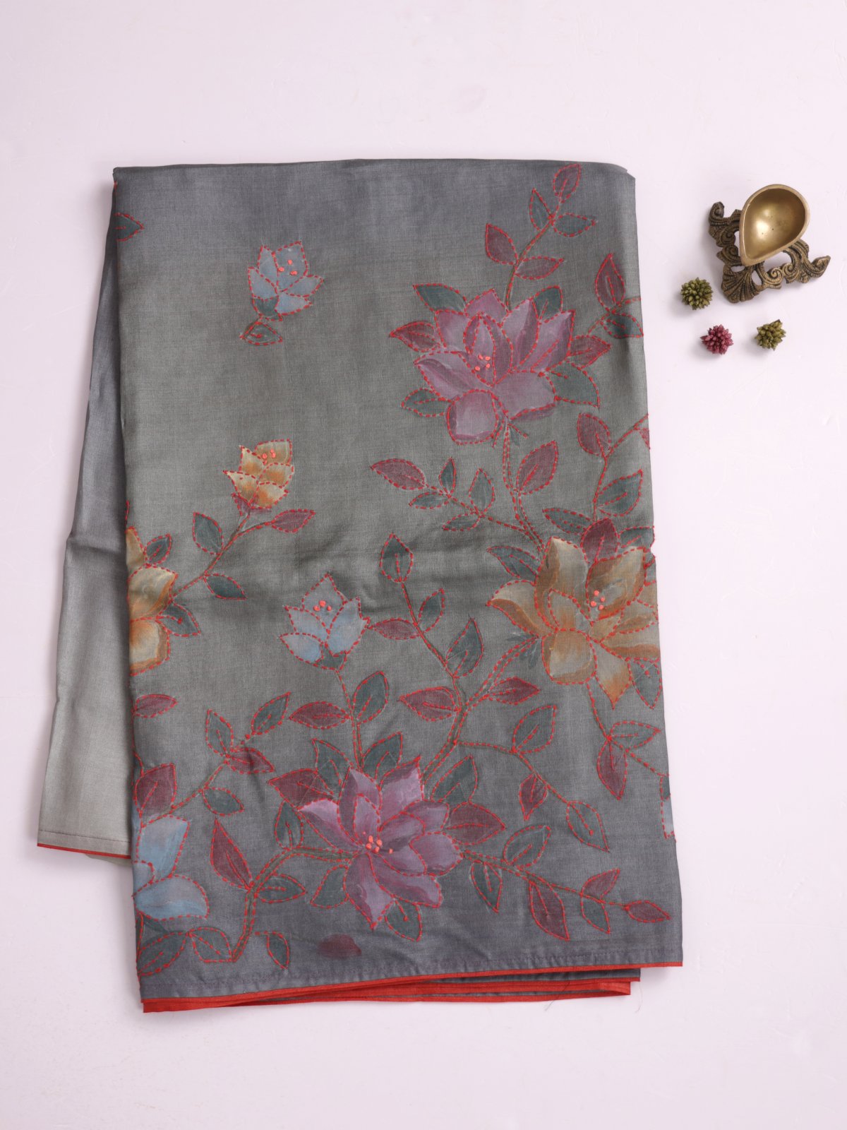 Grey Ombre Printed Tussar Silk Saree With Kantha Embroidery