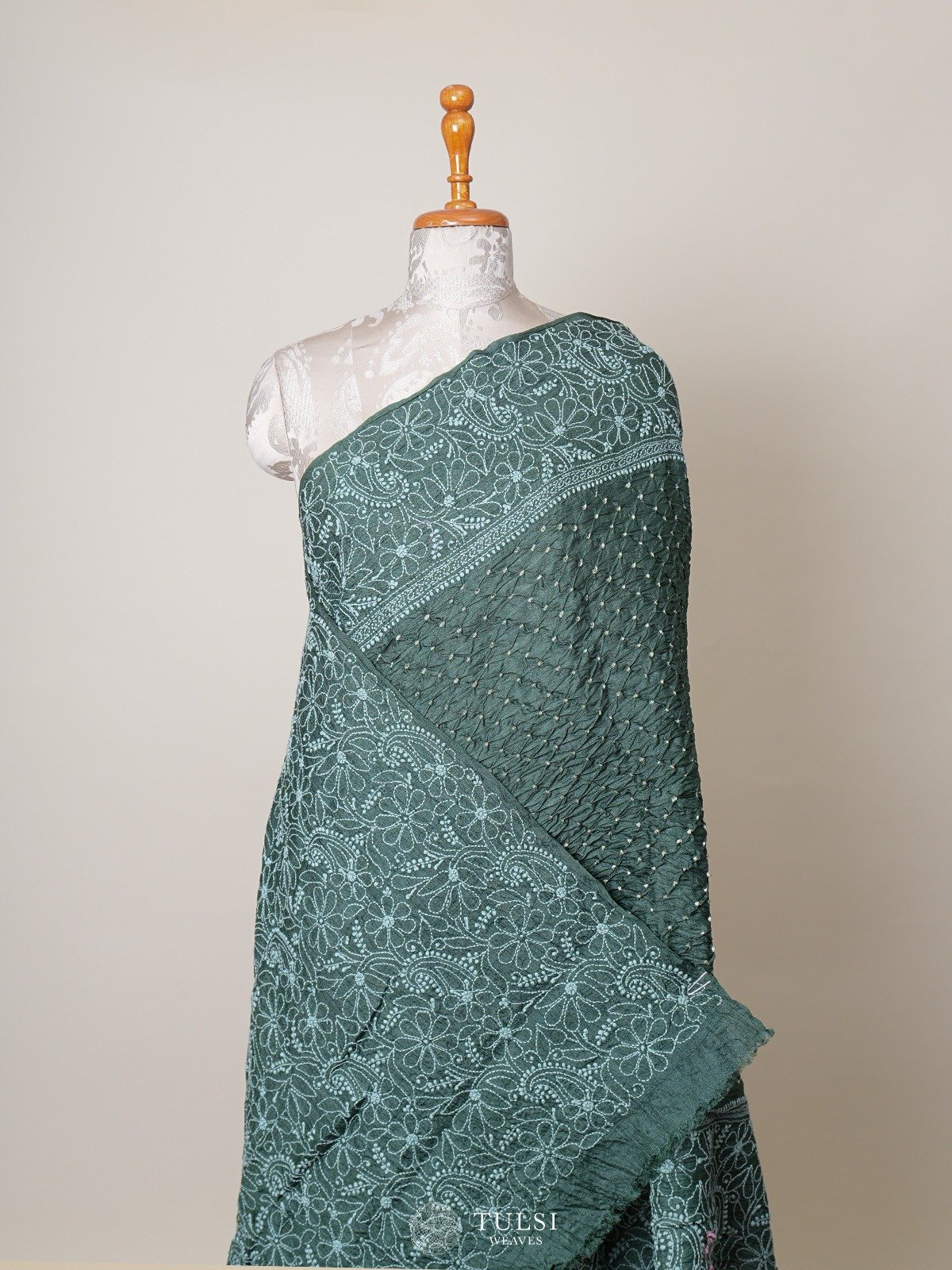 Dark Forest Green Bandhini Tussar Silk Saree