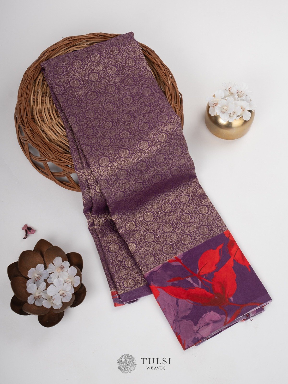 Purple Kanjeevaram Silk Pavadai with Floral print Border