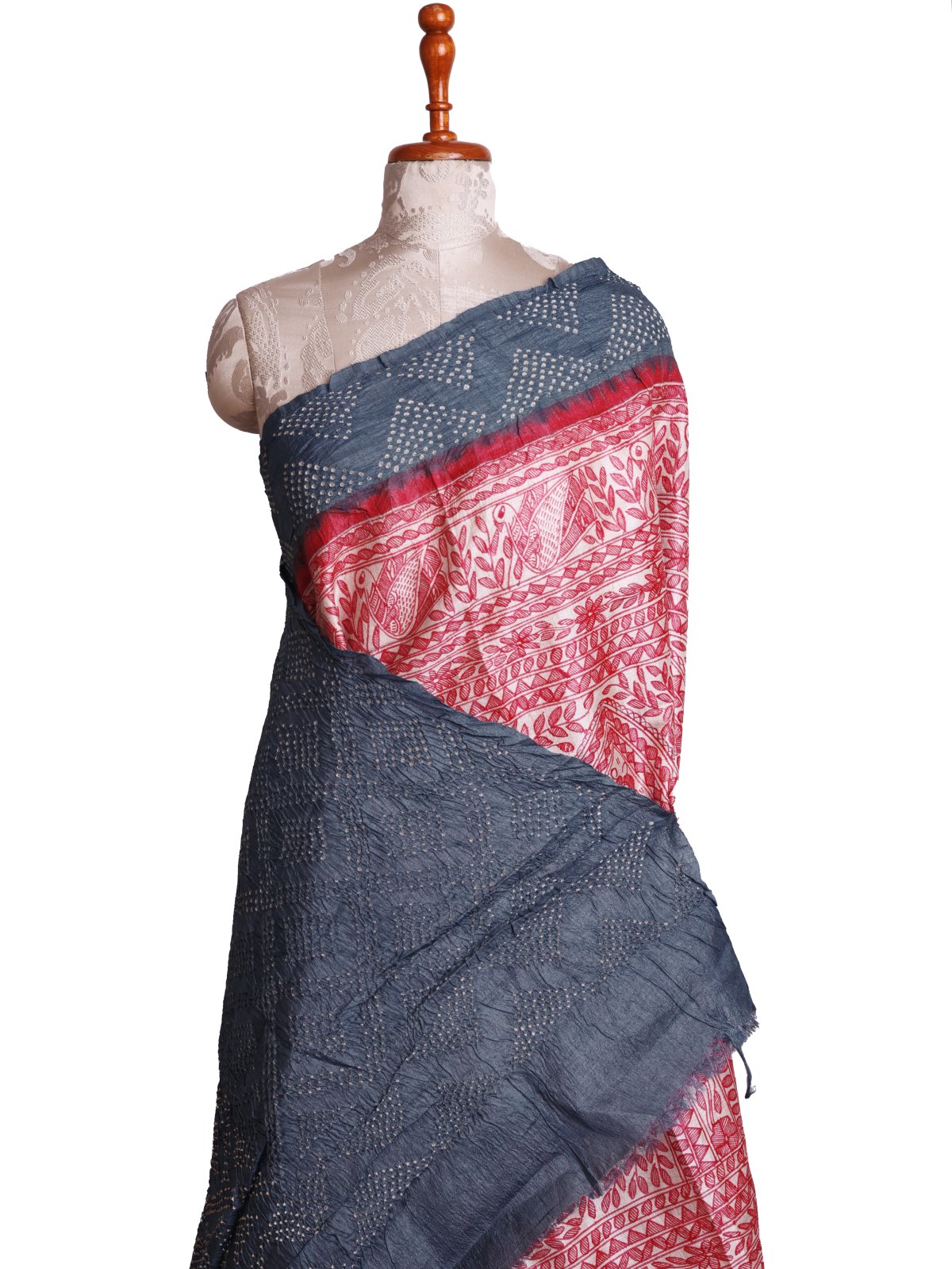 Beige Madhubani Printed Tussar Silk Saree With Dark Grey Bandhini Border