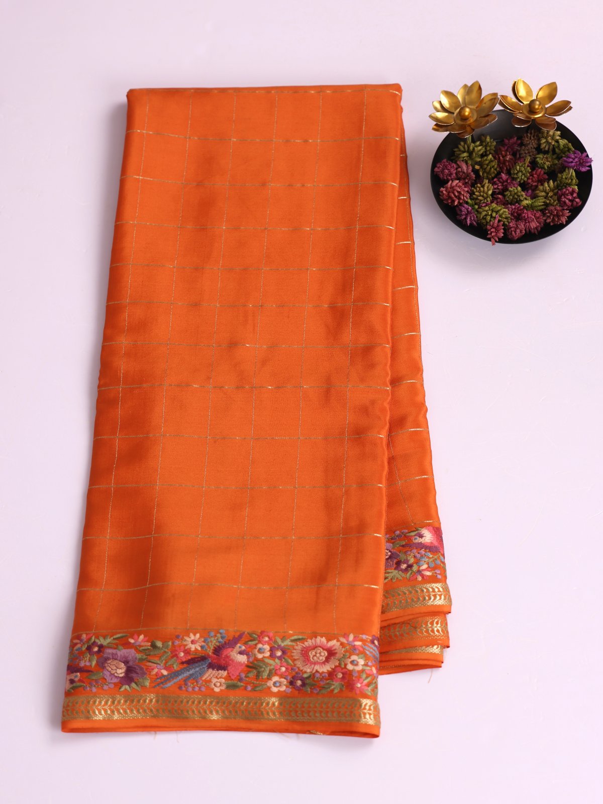 Orange Zari Checked Mysore Silk Saree With Embroidered Border
