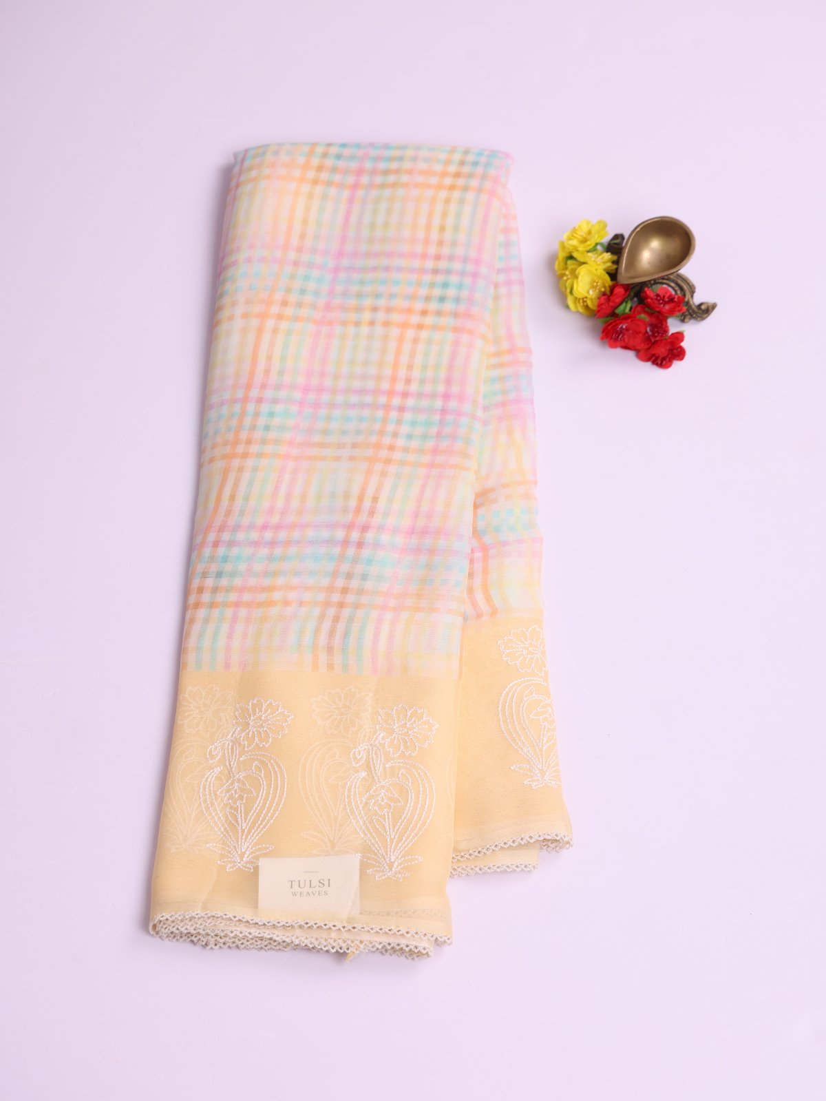 Light Yellow Checked Chiffon Saree With Embroidery Border