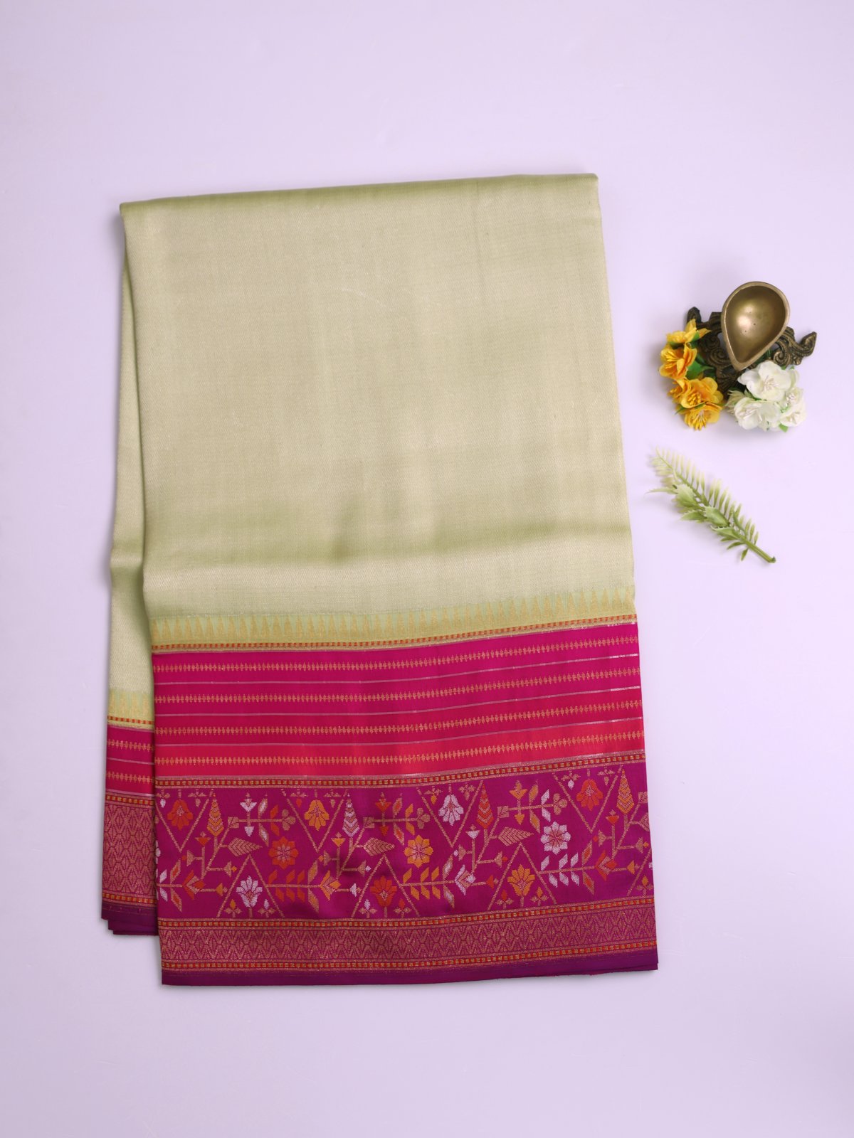 Light Pastel Green Banaras Silk Saree with Dark Purple Jamdani Border