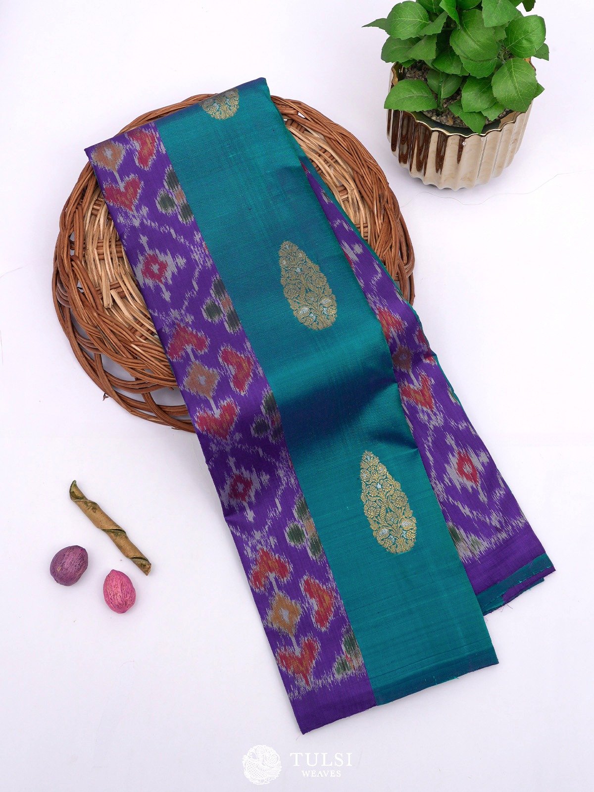 Peacock Blue Kanjeevaram Ikat Silk Saree