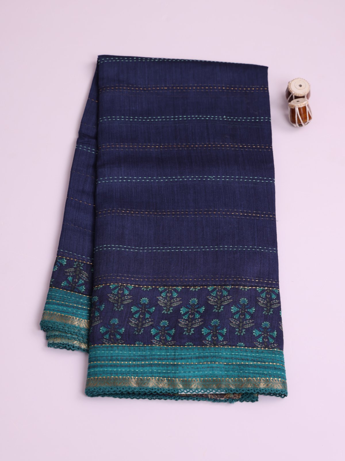 Navy Blue Printed Munga Silk Saree With Kantha Embroidery