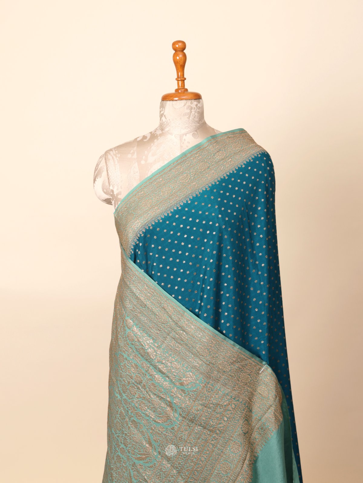 Teal Blue Banaras Crepe Silk Saree