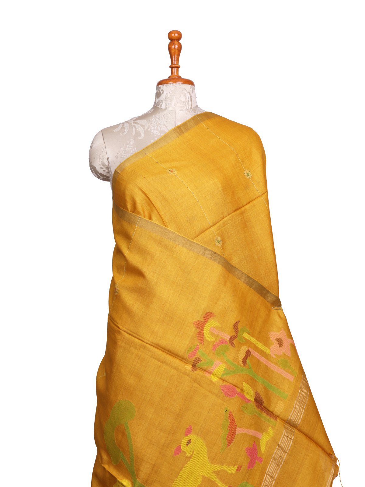 Mustard Yellow Kora Tussar Silk Saree With Jamdani Pallu