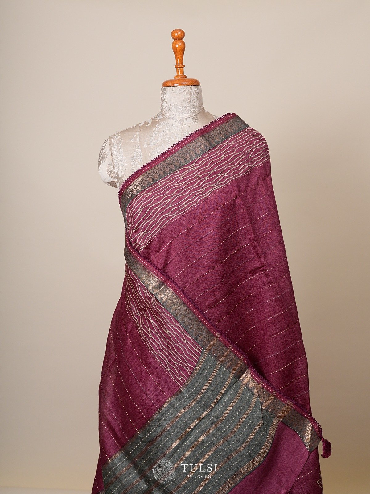 Magenta Printed Tussar Silk Saree
