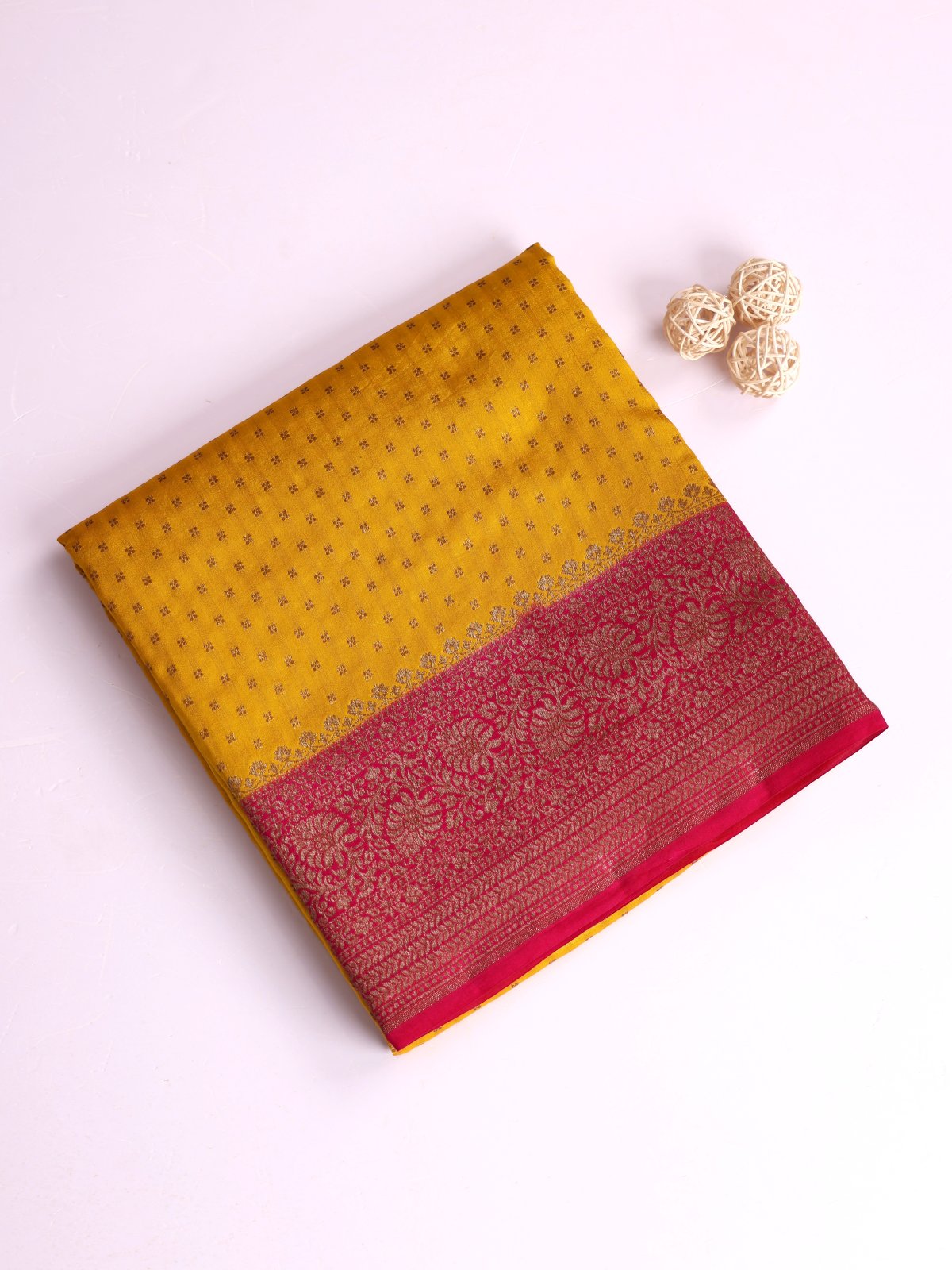 Mustard Yellow Chaniya Silk Saree With Pink Border