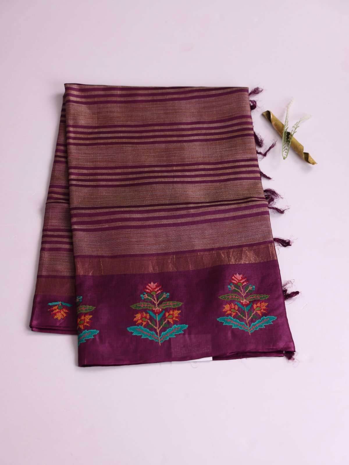 Dark Purple Striped Tussar Silk Saree With Cross-Stitch Embroidered Border