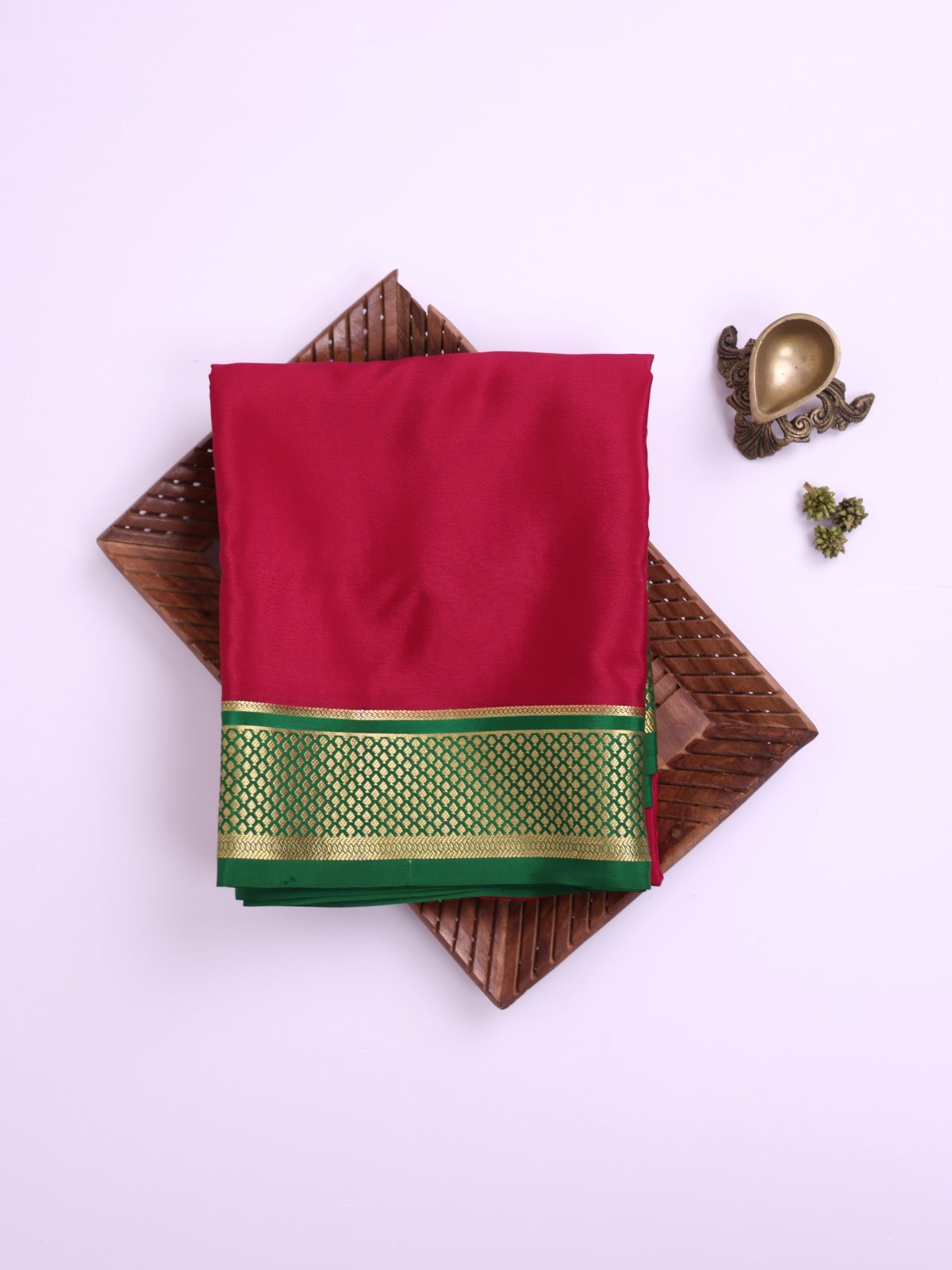 Dark Pink Mysore Silk Saree with Green Zari Border