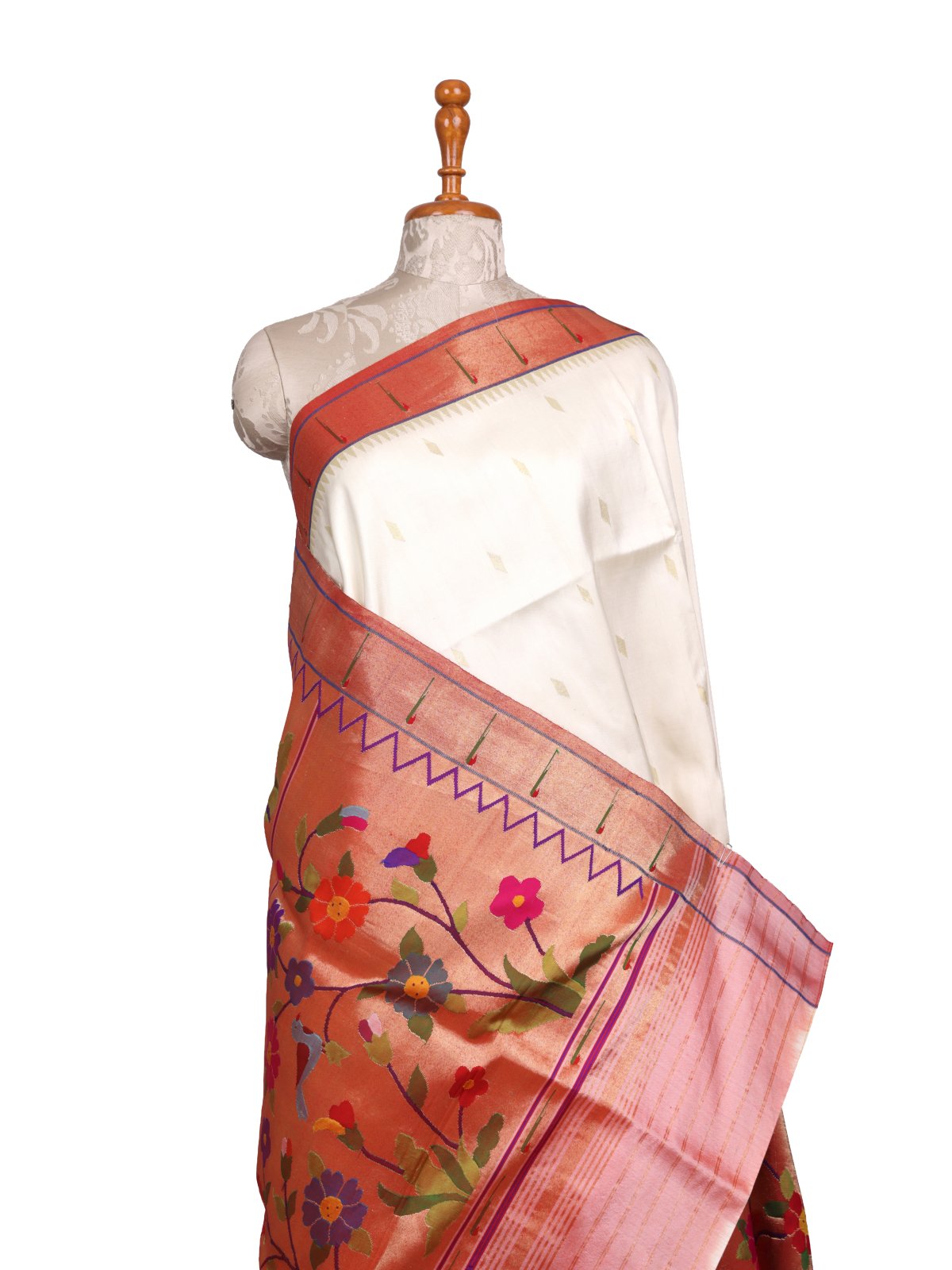 Off- White Paithani Silk Saree With Red Border