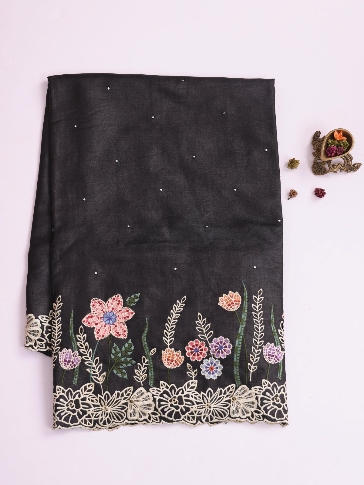 Black Tussar Silk Saree With Embroidered Cutwork Border