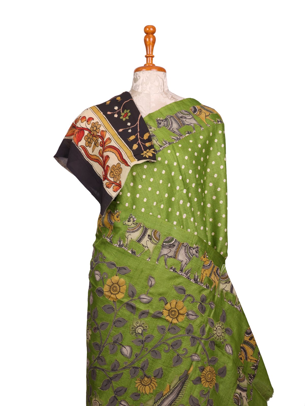 Mehndi Green Bandhini Tussar Silk Saree With Kalamkari Work