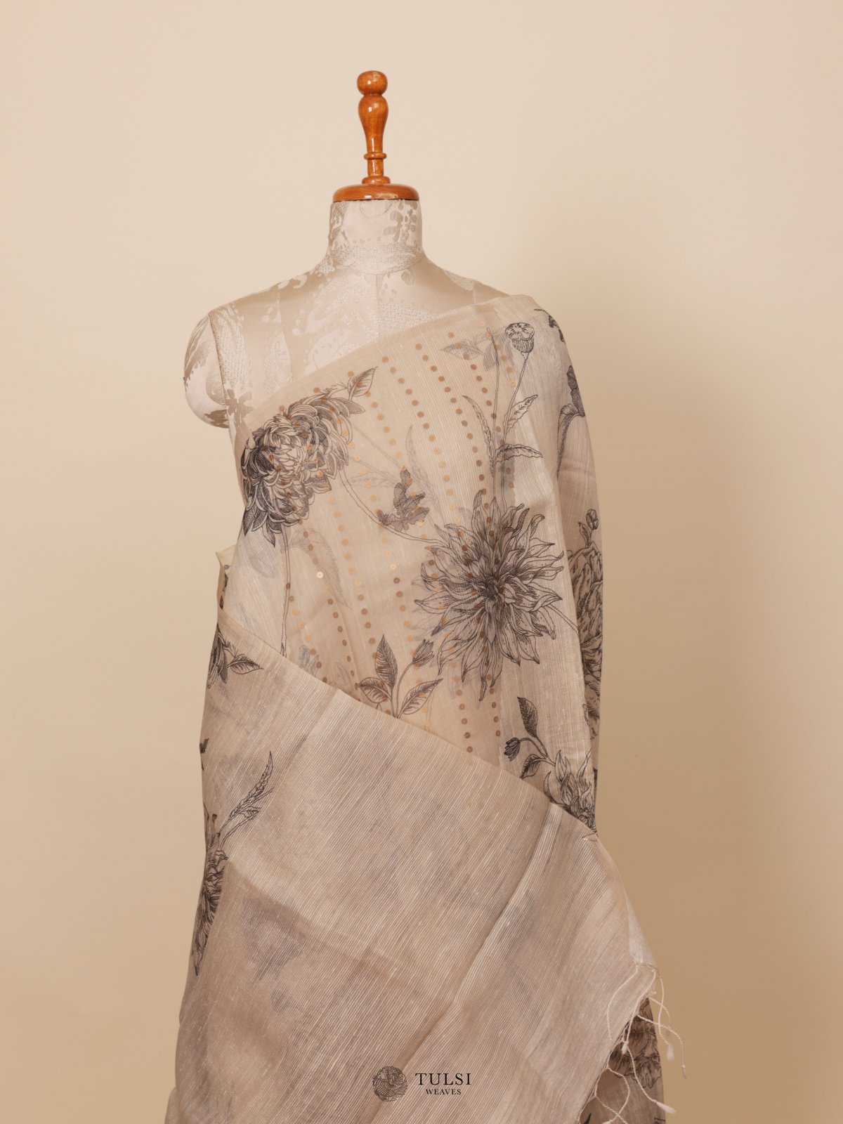 Grey Kora Jute Saree with Floral Print