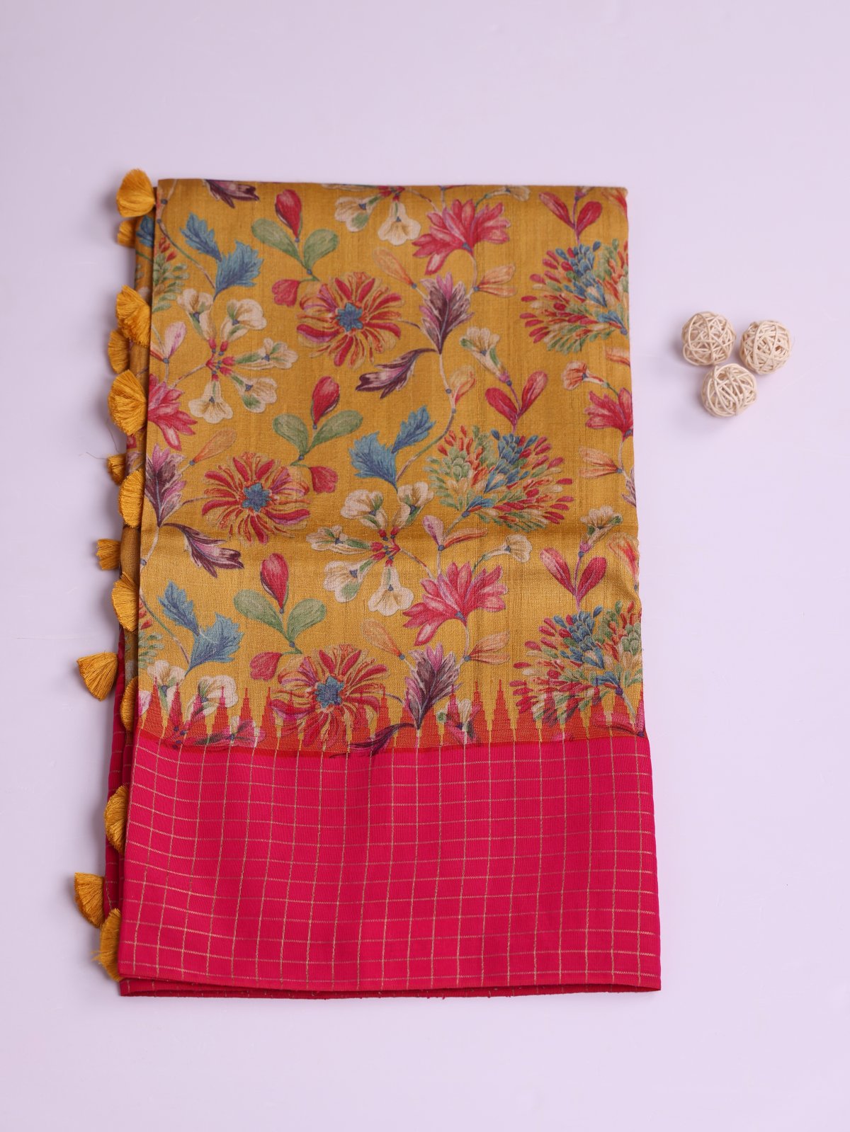 Mustard Yellow Printed Tussar Silk Saree With Rani Pink Zari Checked Border