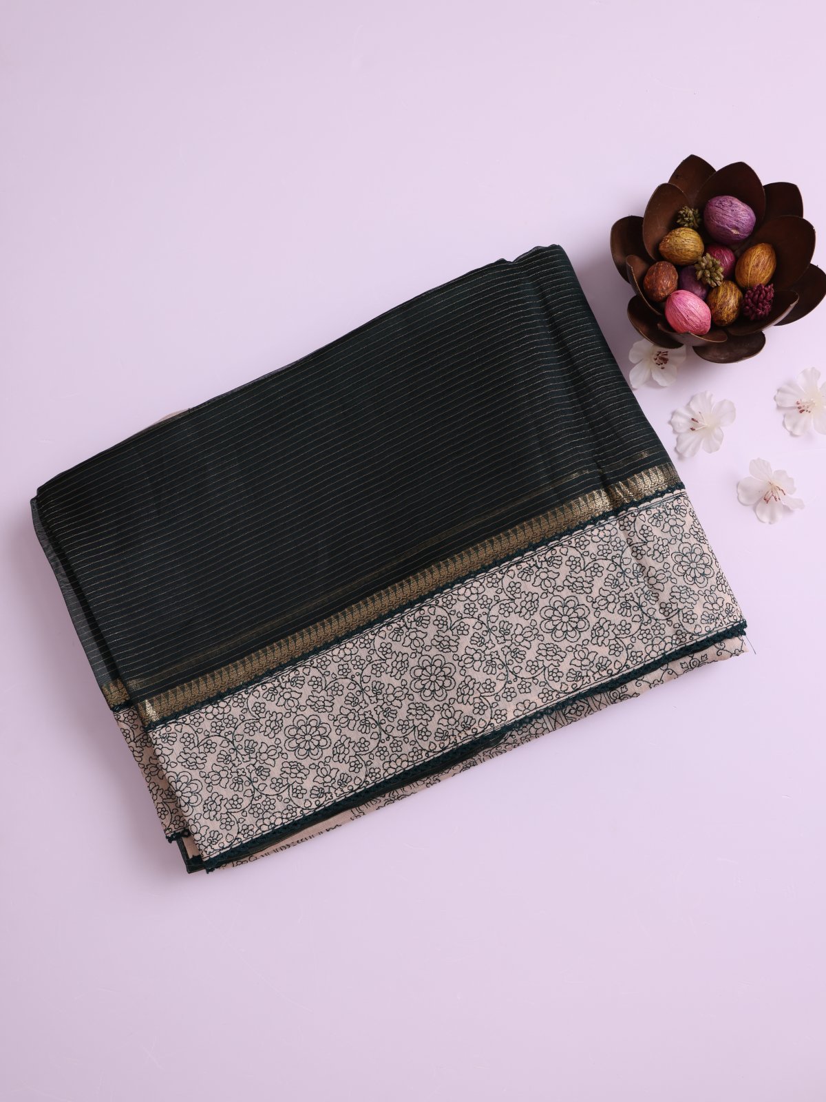 Dark Green Organza Silk Saree With Beige Border