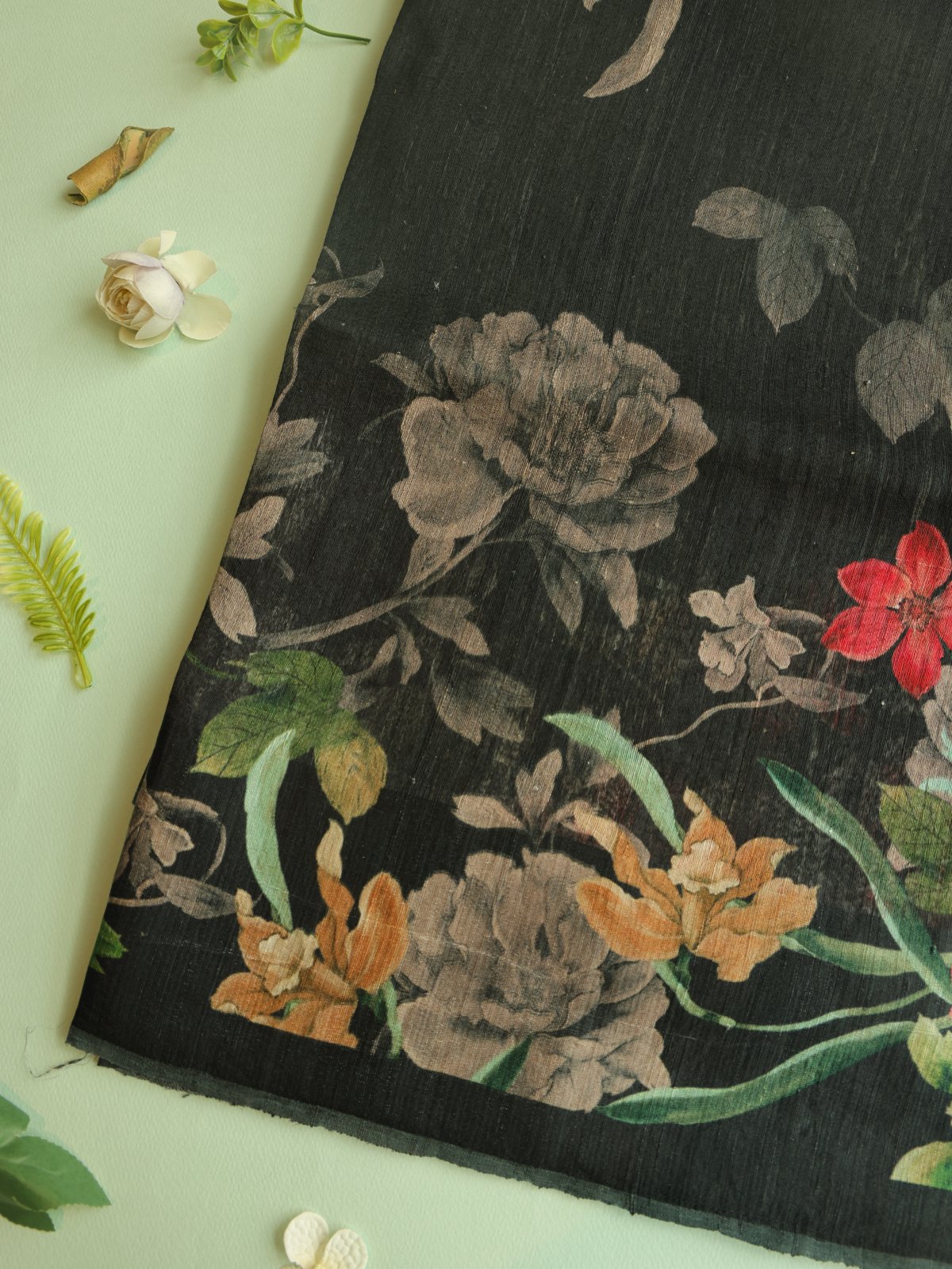 Black Woven Matka Tussar Silk Saree With Floral Prints