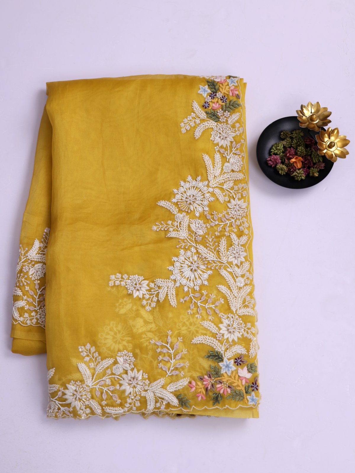 Yellow Organza Silk Saree With Embroidered Border