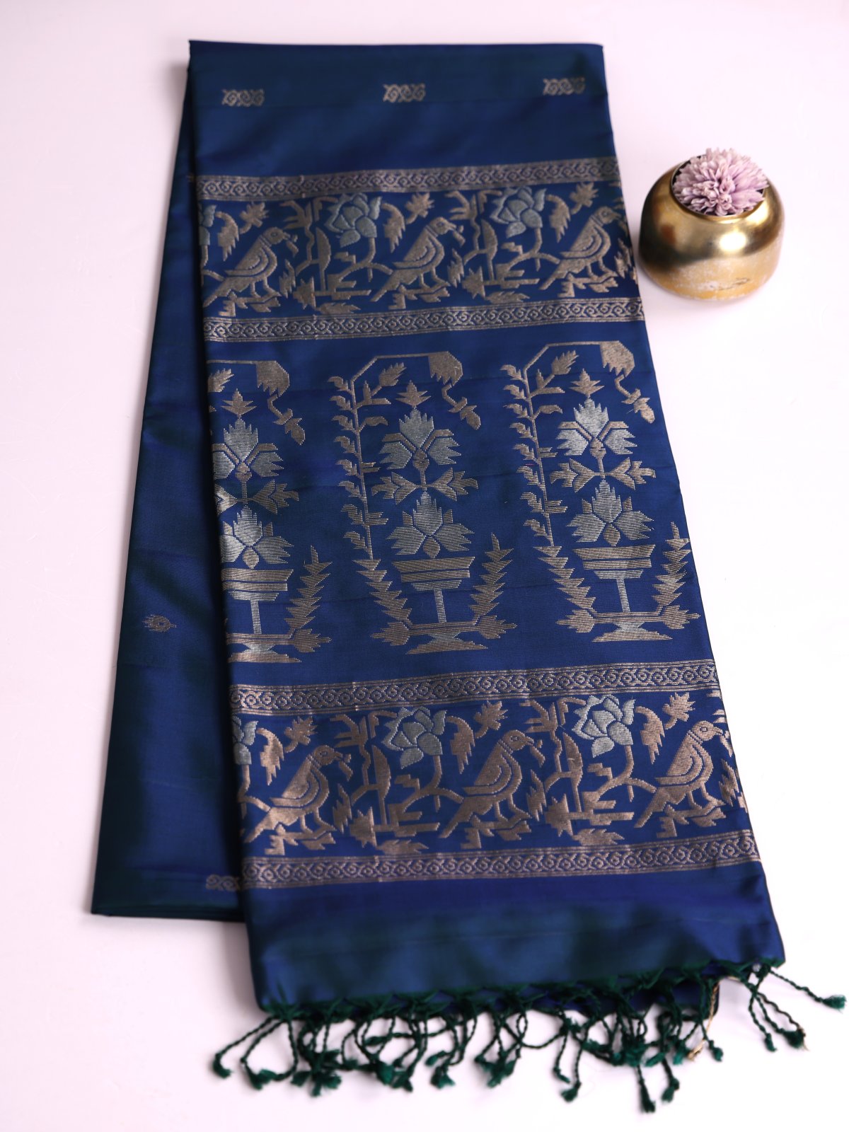 Dark Peacock Blue Striped Soft Silk Saree With Zari Border