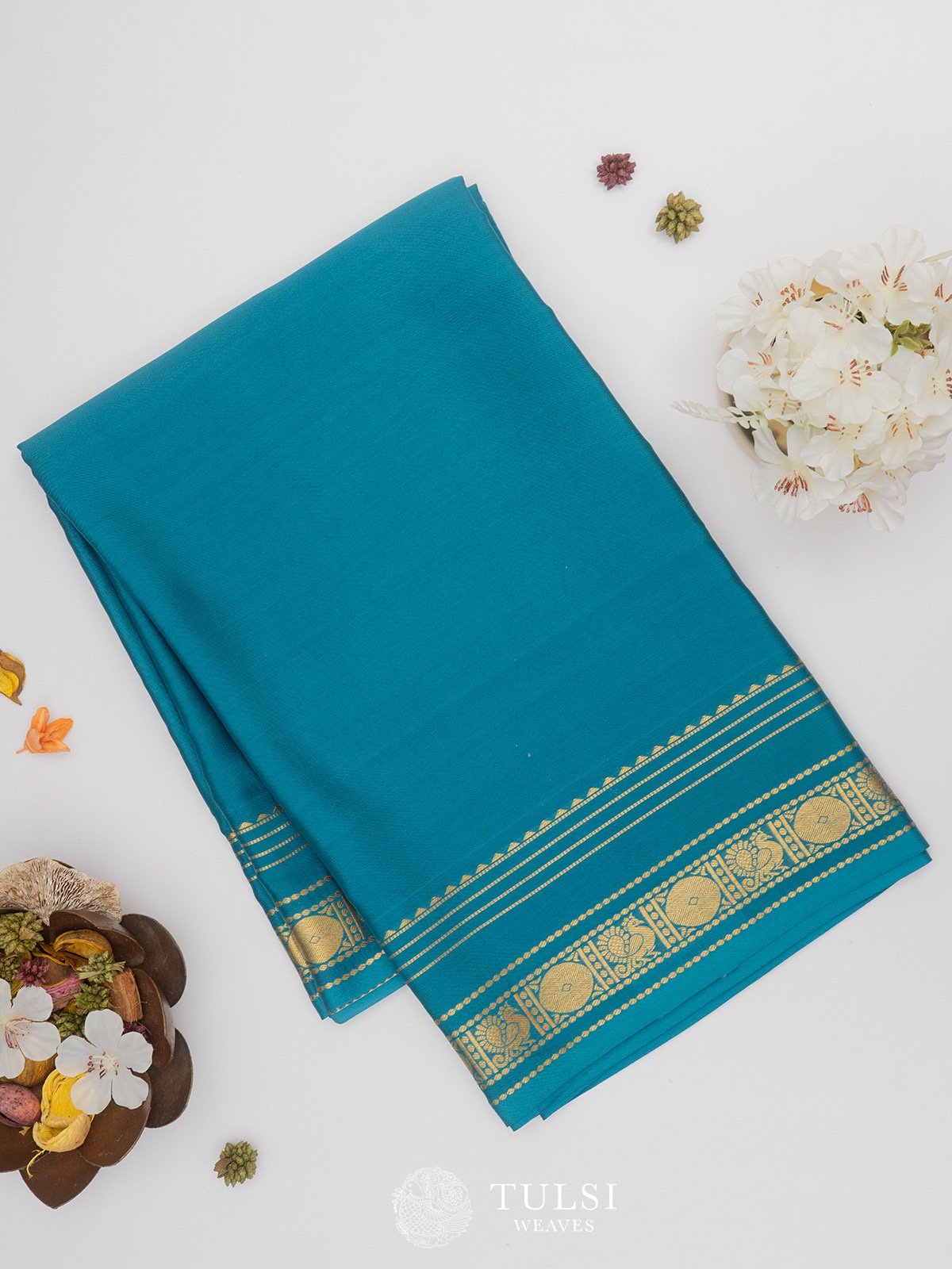 Blue Mysore Silk Saree with self Zari border