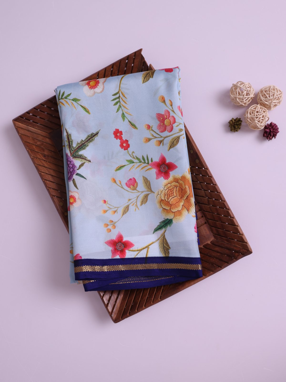 Light Blue Printed Kanjeevaram Silk Saree With Dark Blue Border