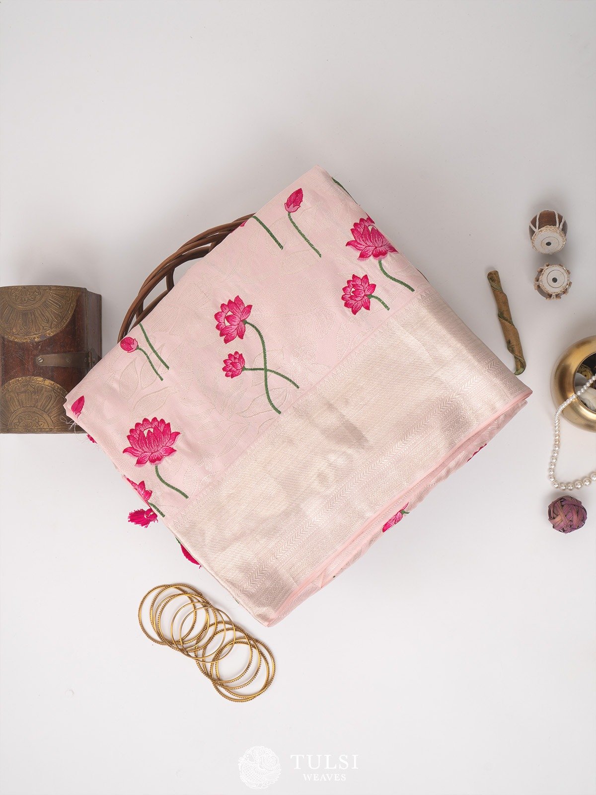 Baby Pink Kanjeevaram Embroidery Silk Saree