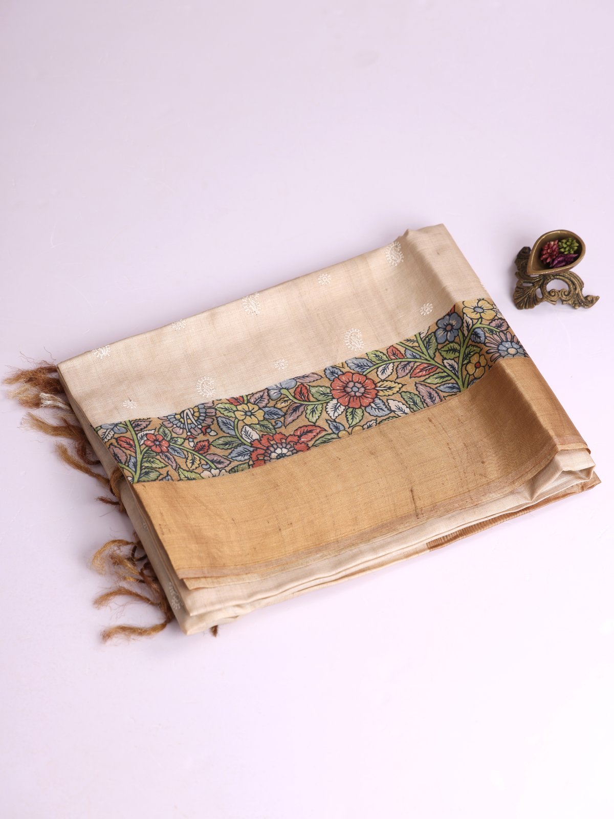 Cream Embroidered Tussar Silk Saree With Beige Zari Border