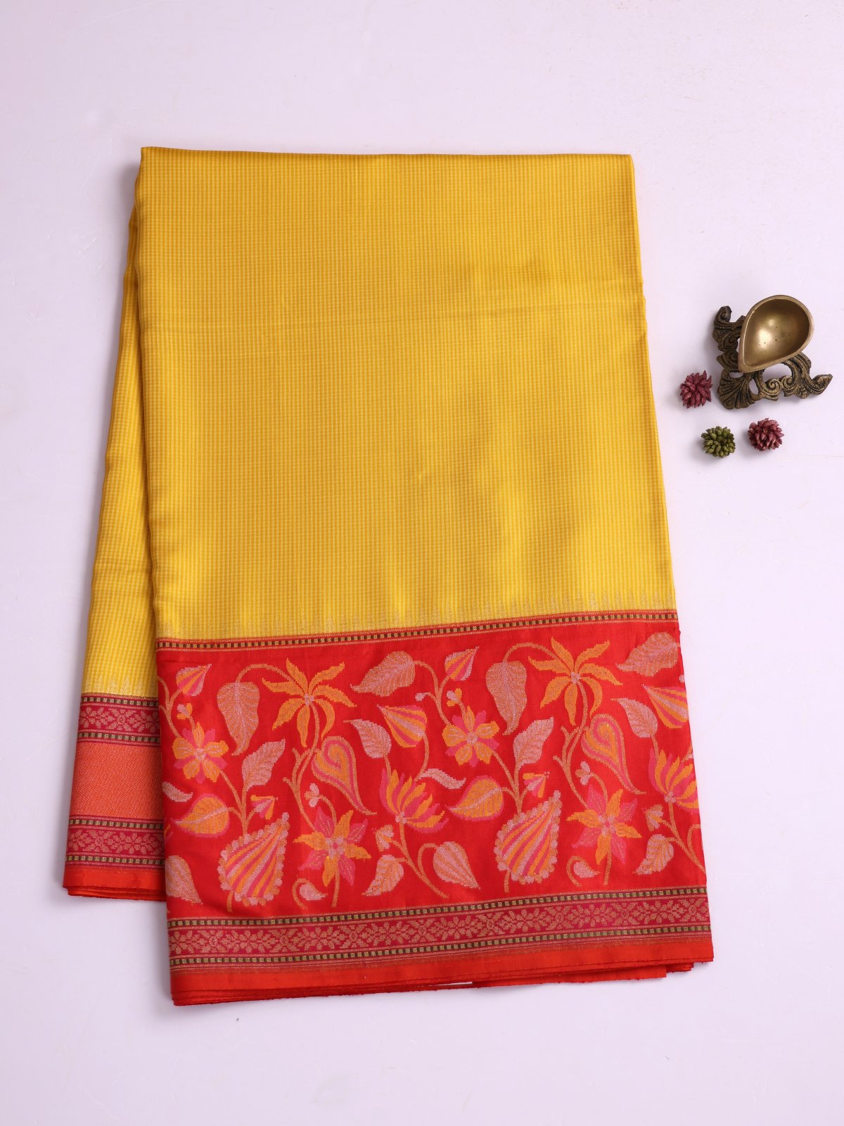 Yellow And Mustard Checked Banaras Silk Saree With Reddish Orange Border