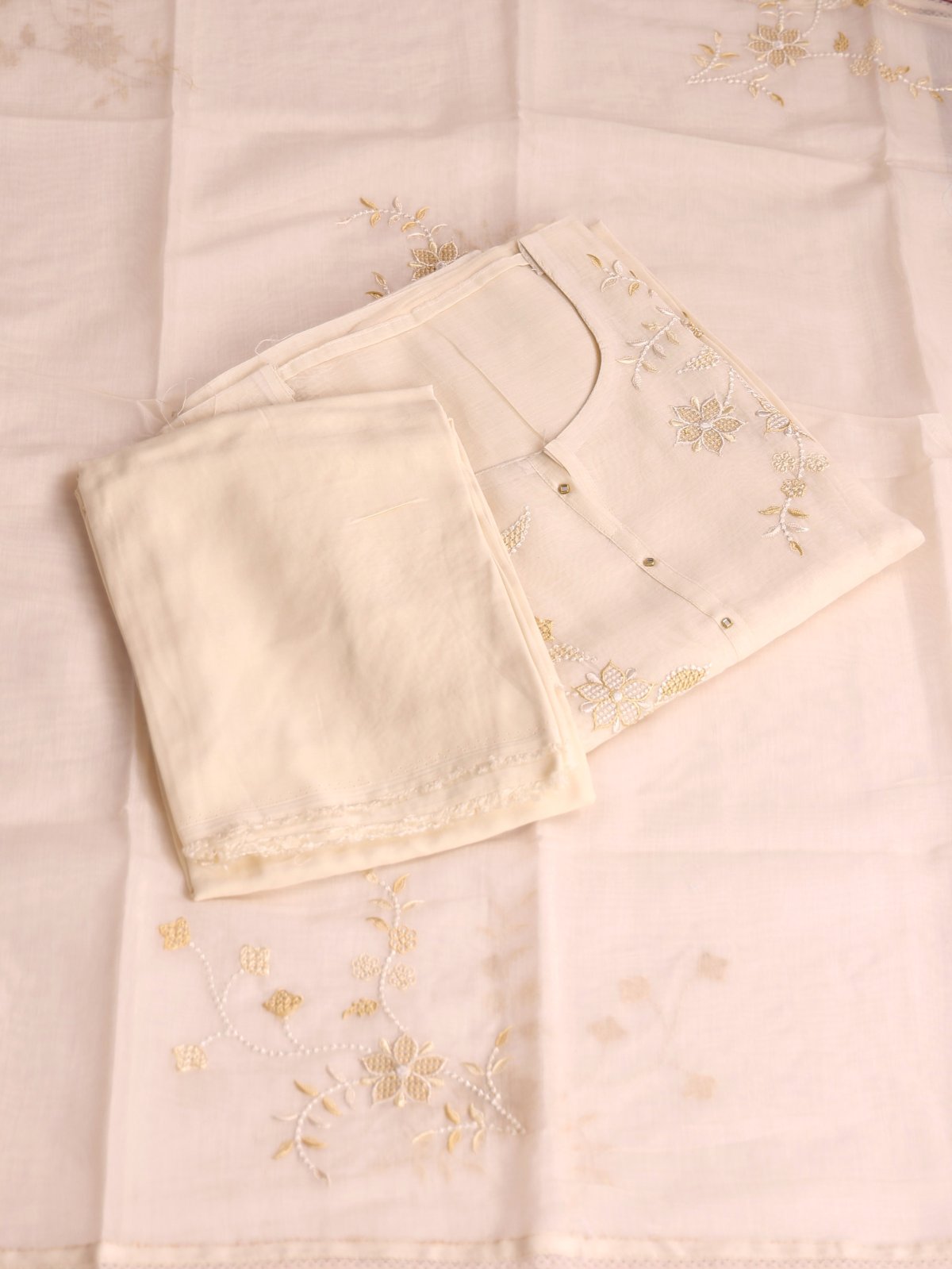 Cream Embroidered Mul Chanderi Cotton Salwar Material