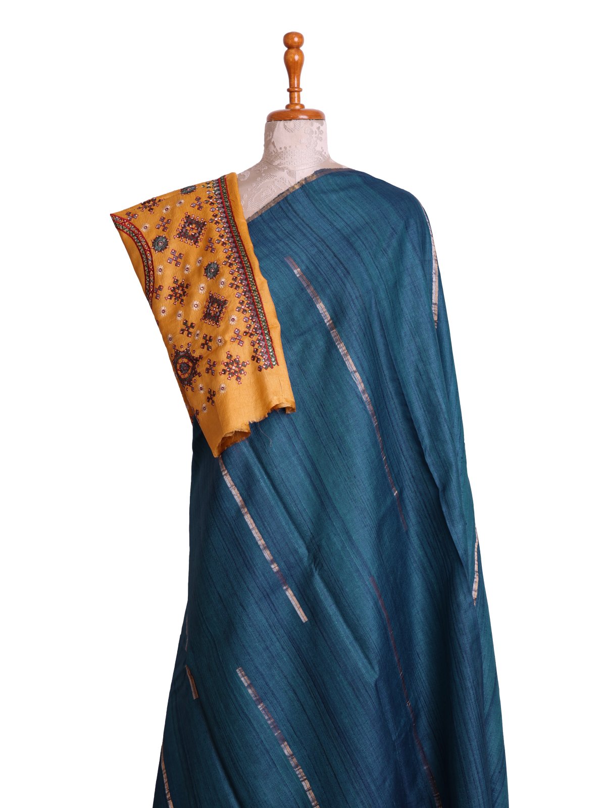 Peacock Blue Tussar Silk Saree with Kutch Embroidered Blouse