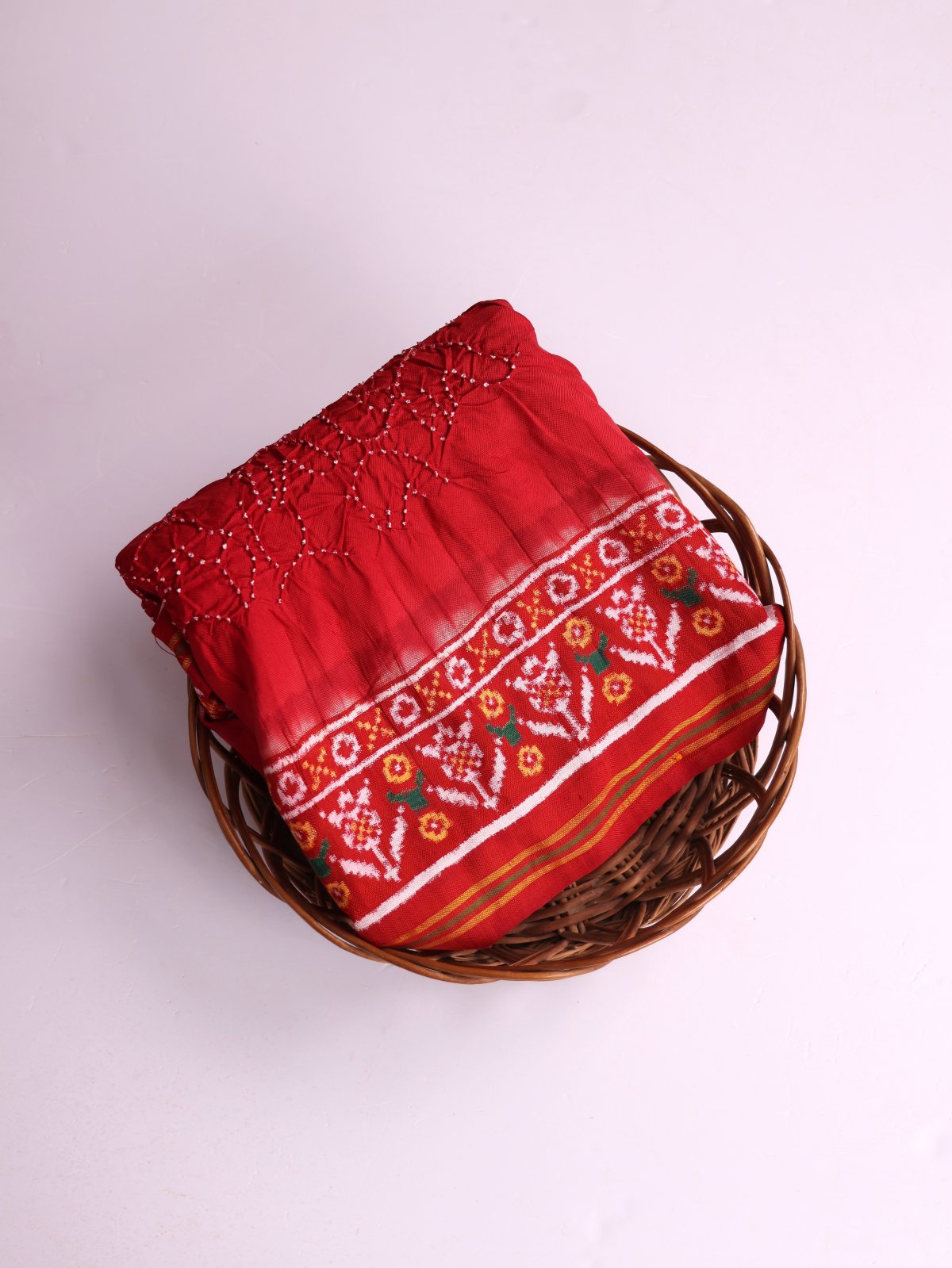 Red Bandhini Silk Saree With Patan Patola Border
