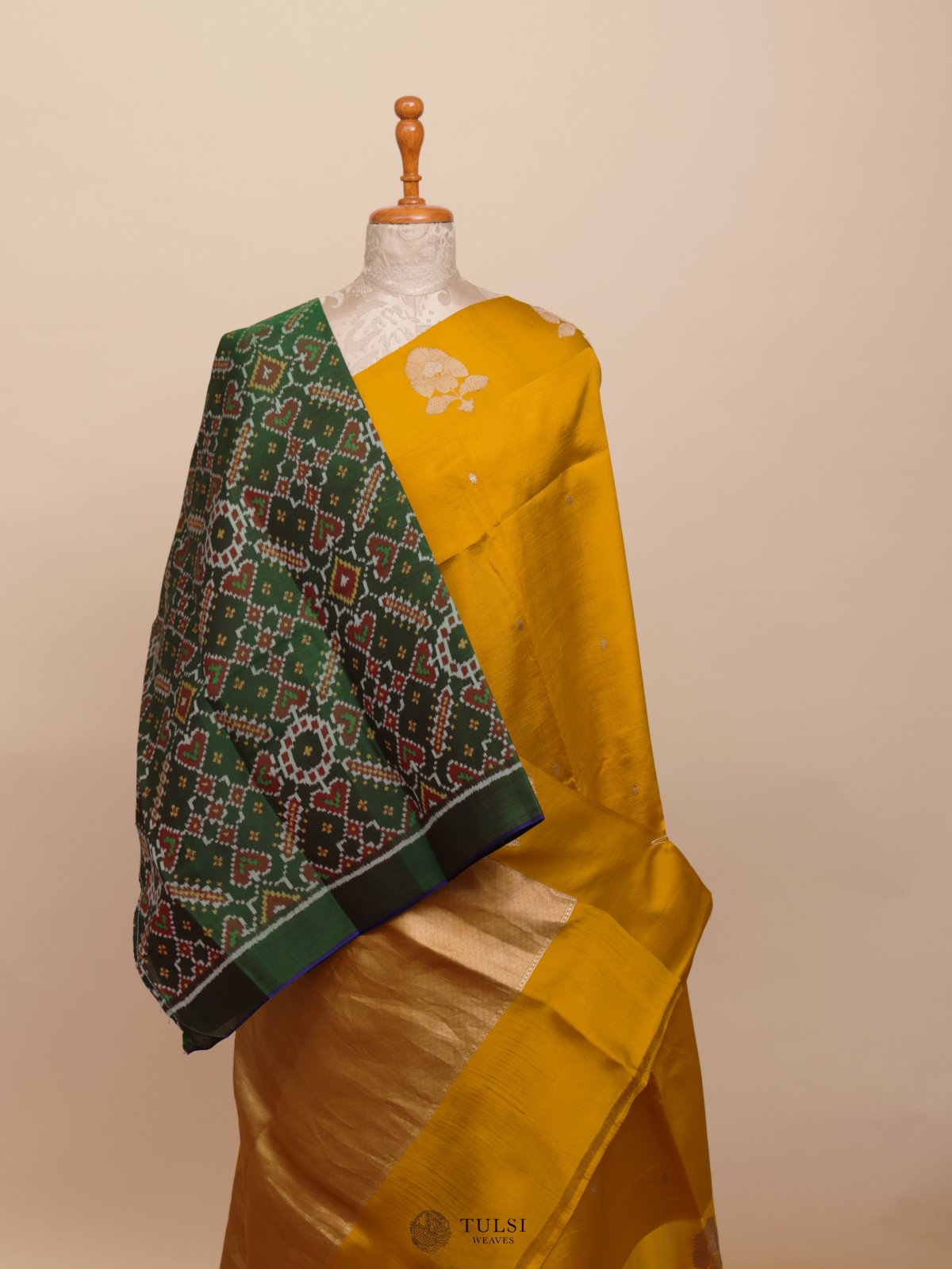 Mustard Yellow Mashru Silk Saree With Ikat Blouse
