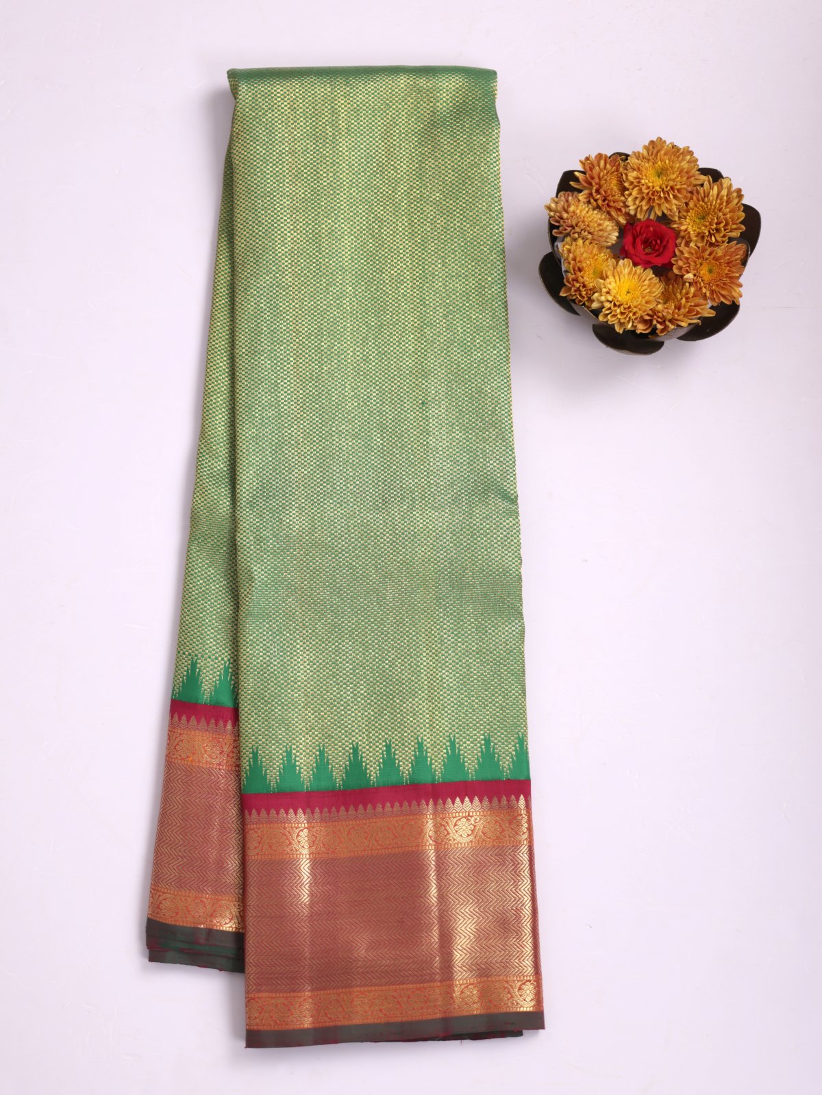 Green Zari Brocade Kanjeevaram Silk Saree With Kumkum Araku Border