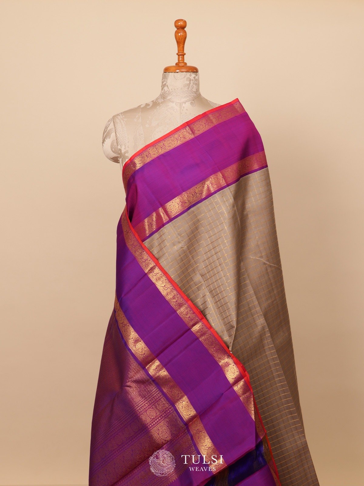 Light Grey Kanjeevaram Silk Saree with Violet Rettapet Border