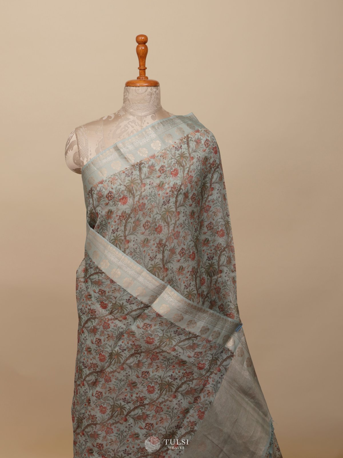 Blue Floral Printed Organza Silk Saree