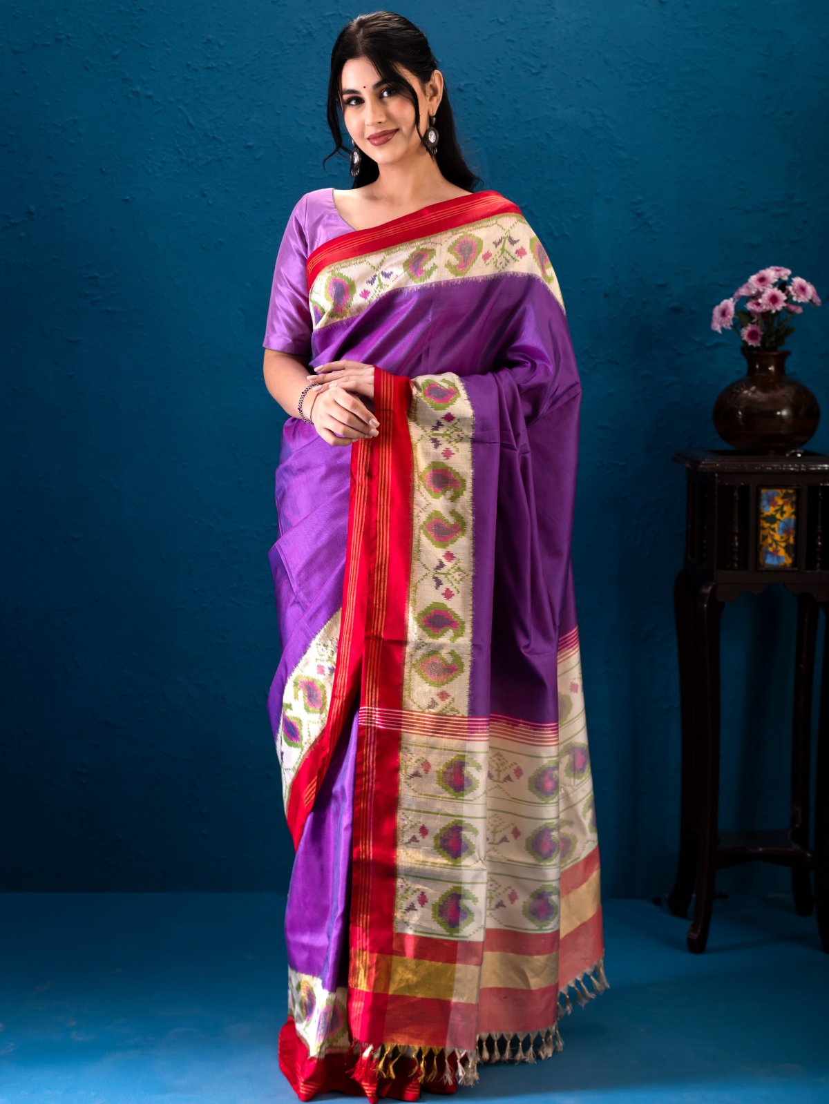 Violet Patola Silk Saree with Off-white Border