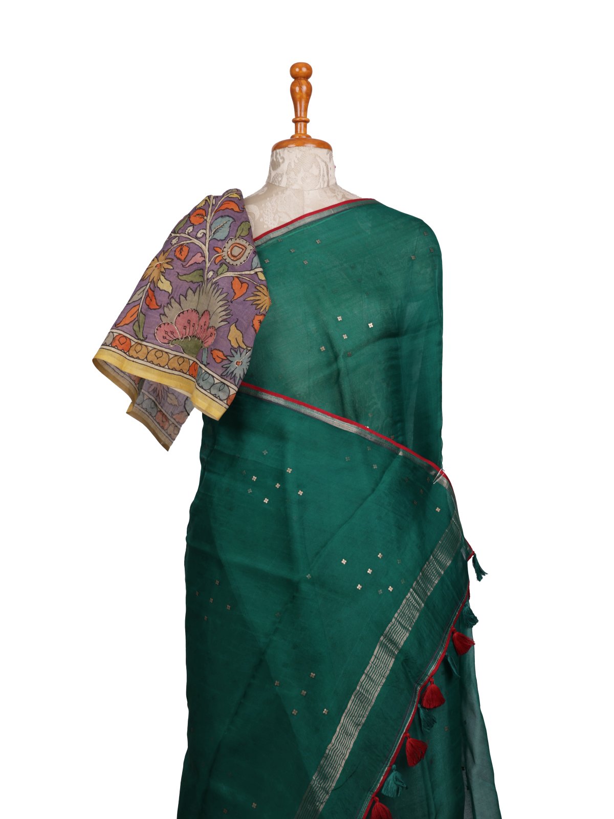 Peacock Green Organza Silk Saree With Kalamkari Blouse
