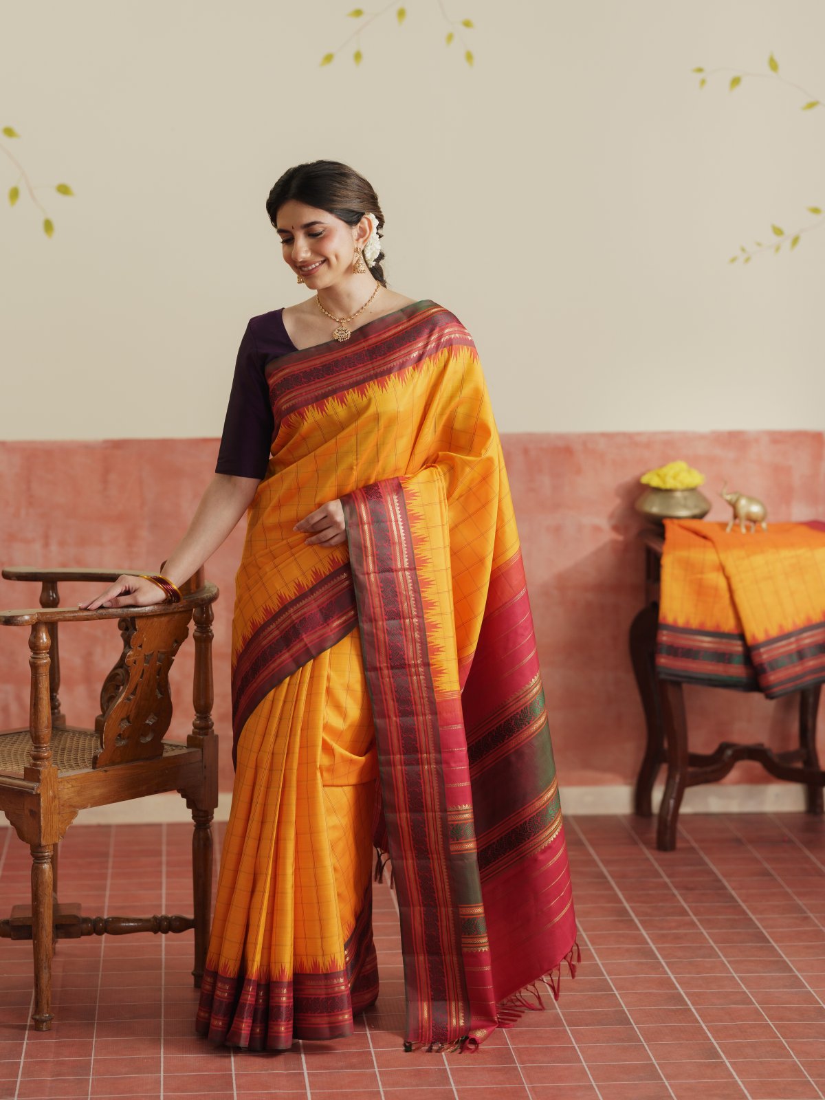 Vintage 102 - Yellowish Orange Checked Kanjeevaram Silk Saree With Araku Border