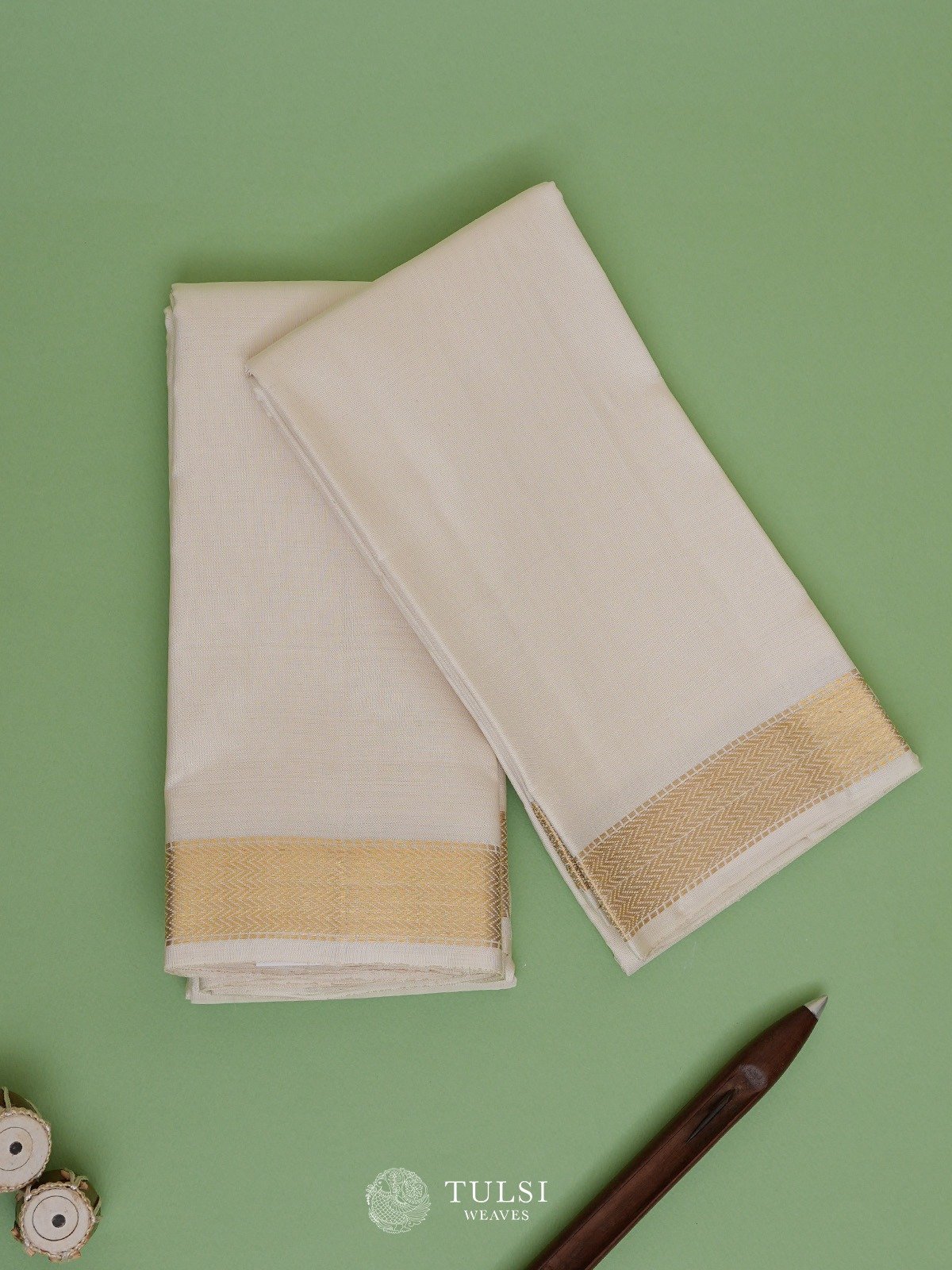 Off-White Silk Dhoti and Vasthram With Gold Self Zari Border