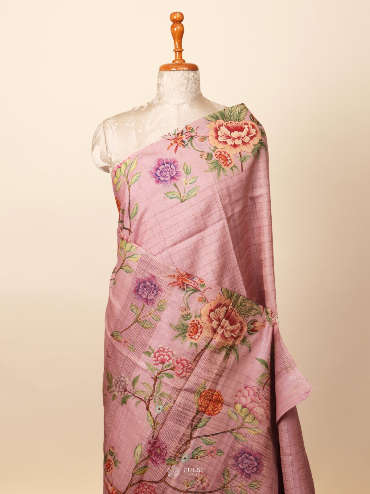 Light Pink Printed Tussar Silk Saree