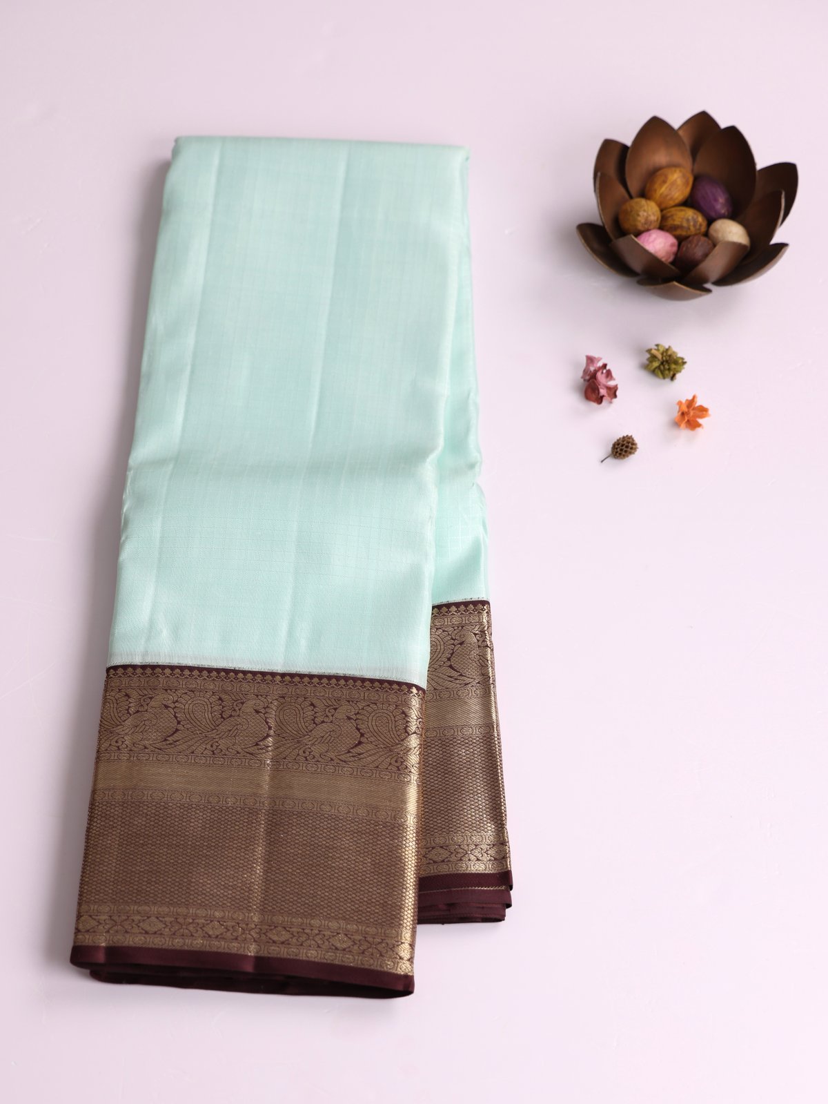 Light Bluish Green Checked Kanjeevaram Silk Saree with Dark Brown Zari Border