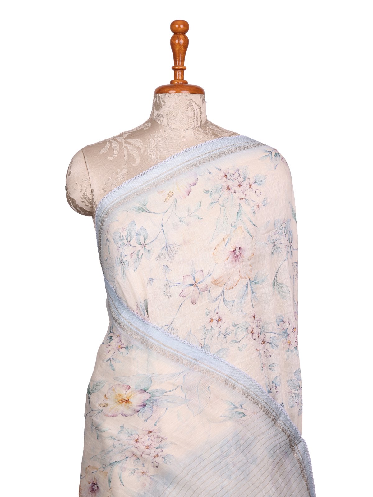 Off-White Printed Linen Saree with Light Greyish Blue Embroidered Border