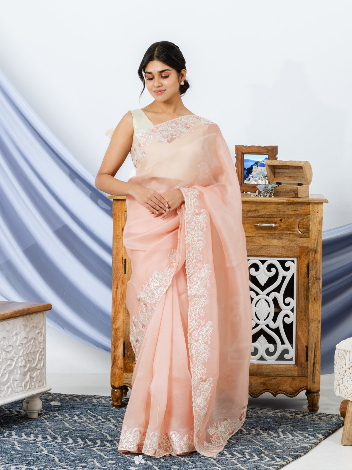 Light Peach Organza Saree With Floral Embroidery