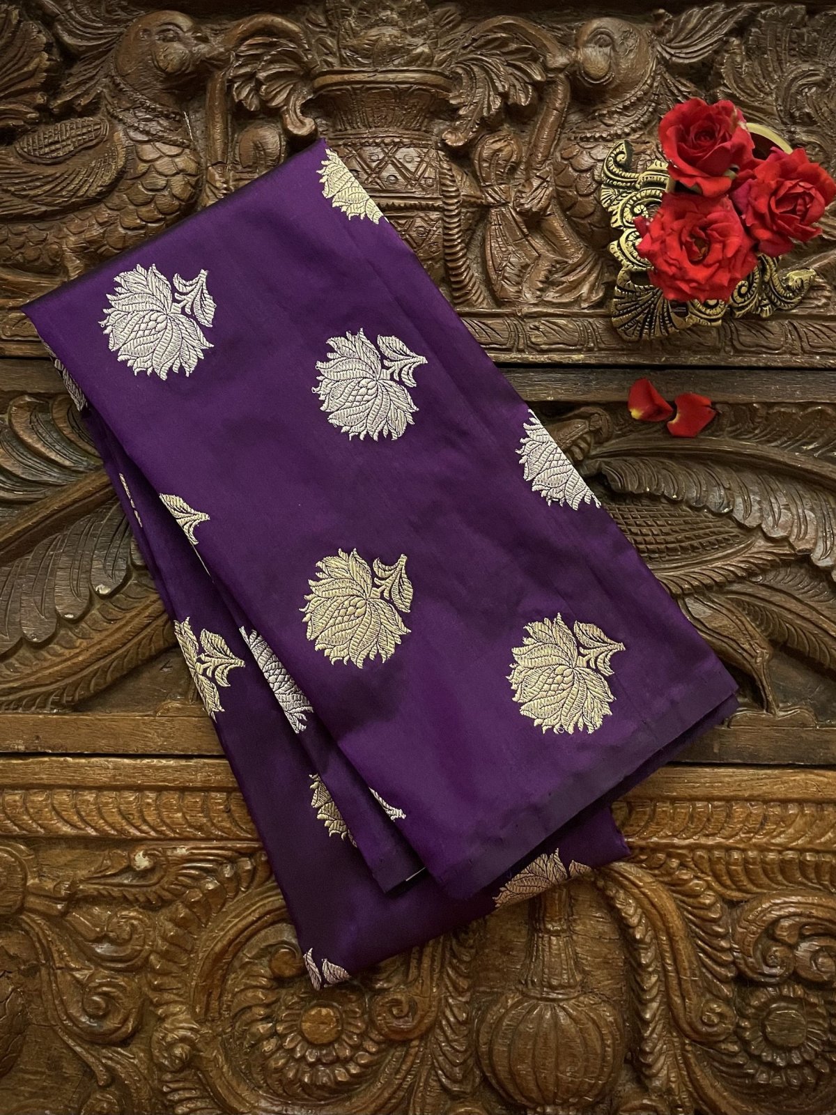 Purple Banaras Silk Blouse With Gold and Silver Zari Floral Butties