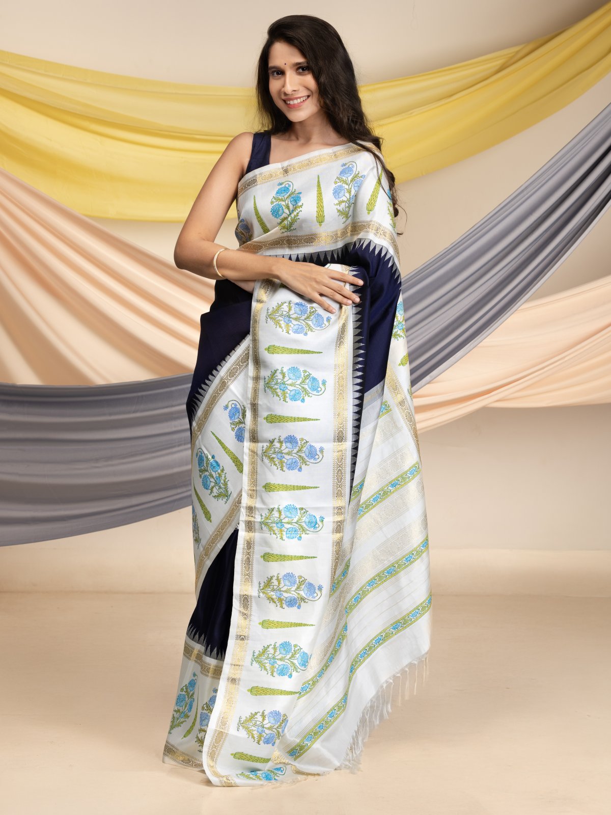 Navy Blue Kanjeevaram Silk Saree with Blockprint Border