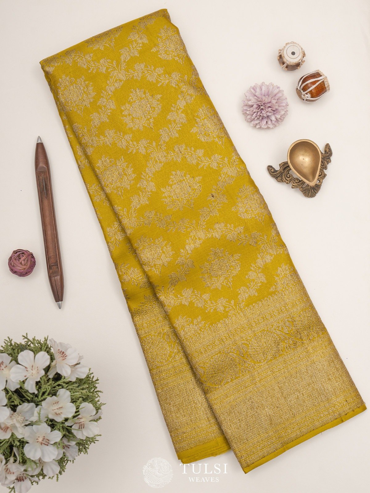 Mustard Kanjeevaram Silk Saree with Antique Zari